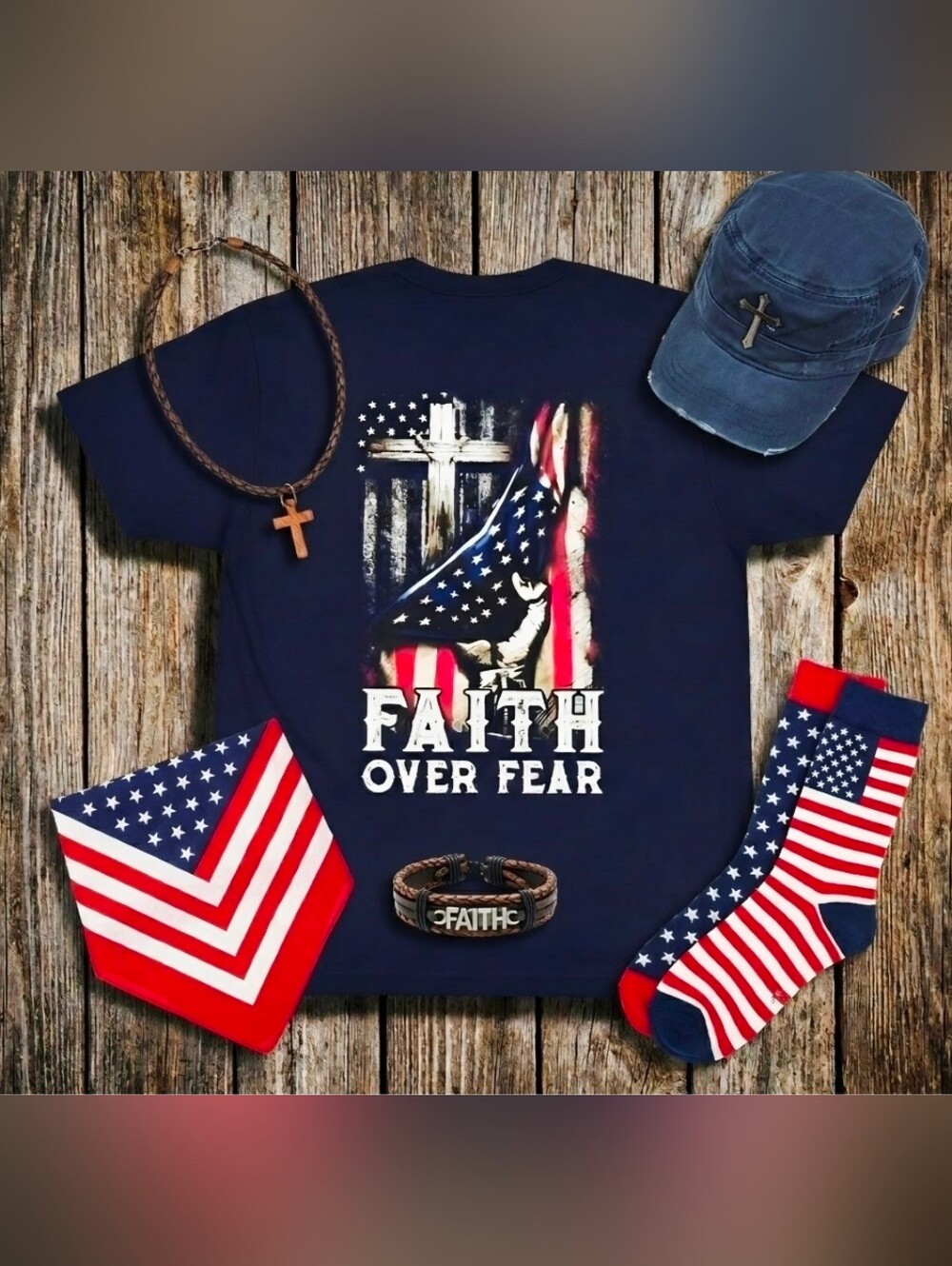 Faith Over Fear Christian Patriotic Tee • American Flag Cross Shirt • - Picture 9 of 15